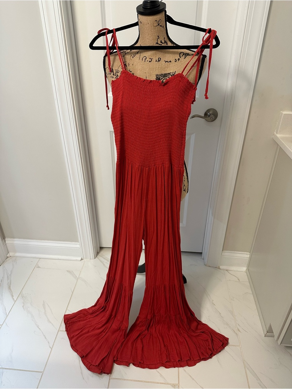 Storia burnt orange Smocked Wide-Leg Jumpsuit with Tie Straps